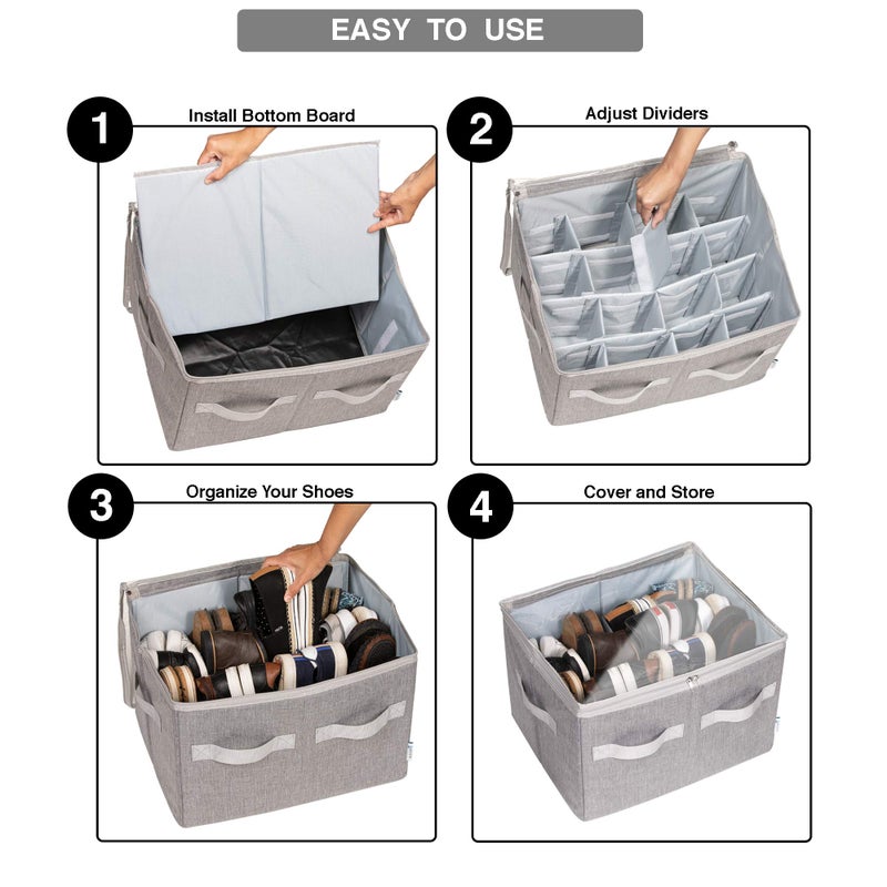 Moteph Shoe Organizer Closet Storage Solution with Clear Cover & Adjustable Dividers for Shoes, Handbags, Blankets, Linen, Clothing (Medium - 16 Pairs, Grey) - Image 2